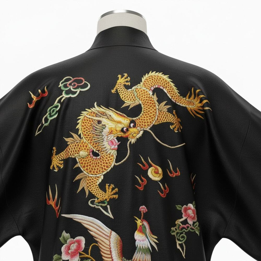 Vintage Chinese Black Satin Dragon Phoenix Embroidered Robe 1970s Kimono - Picture 6 of 6